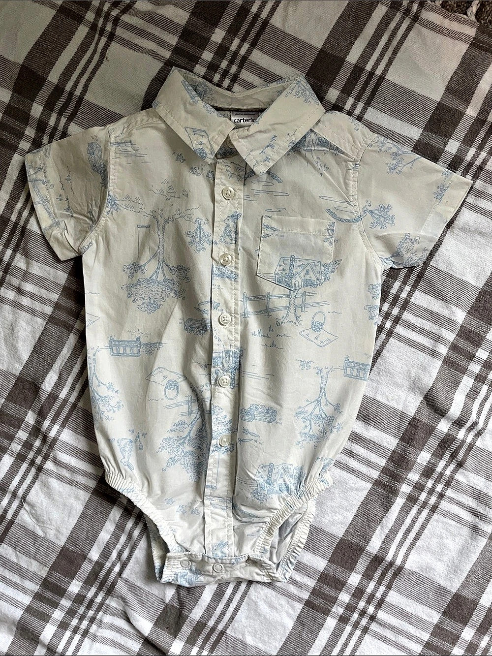 Carter's Printed Short Sleeve Bodysuit Cream & Blue Baby 12M Like New